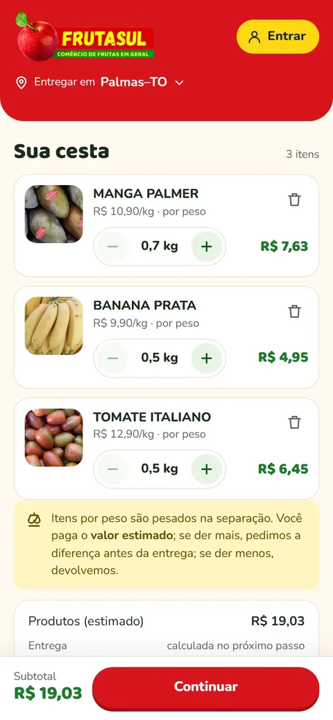 Cesta do app com manga, banana e tomate
