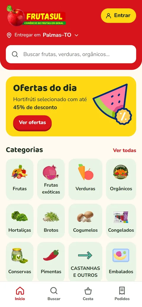 Tela inicial do app da Frutasul com ofertas do dia e categorias
